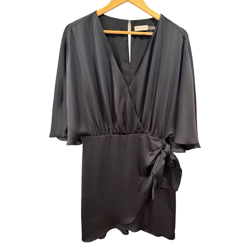 Ramy Brook Alexis wrap mini dress in black satin Womens 12 Like new - Picture 2 of 10